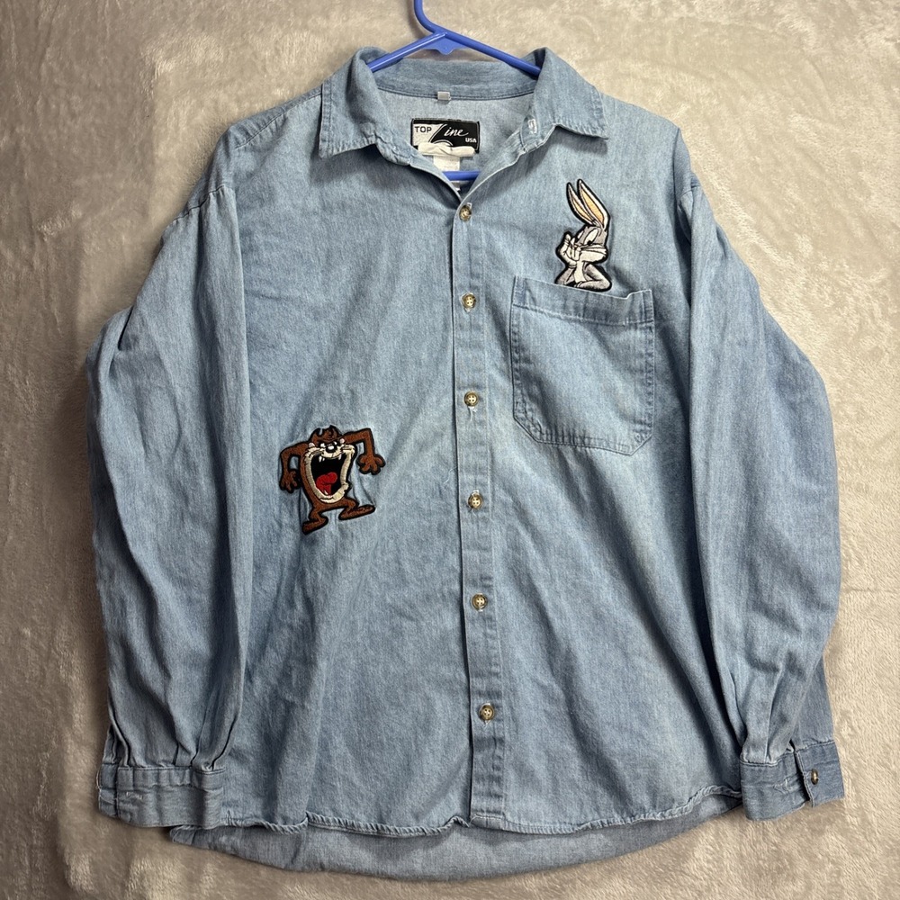 Vintage 90's Looney Tunes button down denim Shirt Small Bugs &  Taz embroidery